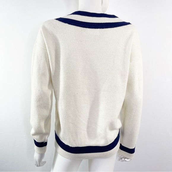 Mila Owen Women's Ivory Knit Pullover Sweater Sailor Stripe V-Neck Size F Large - Picture 6 of 8